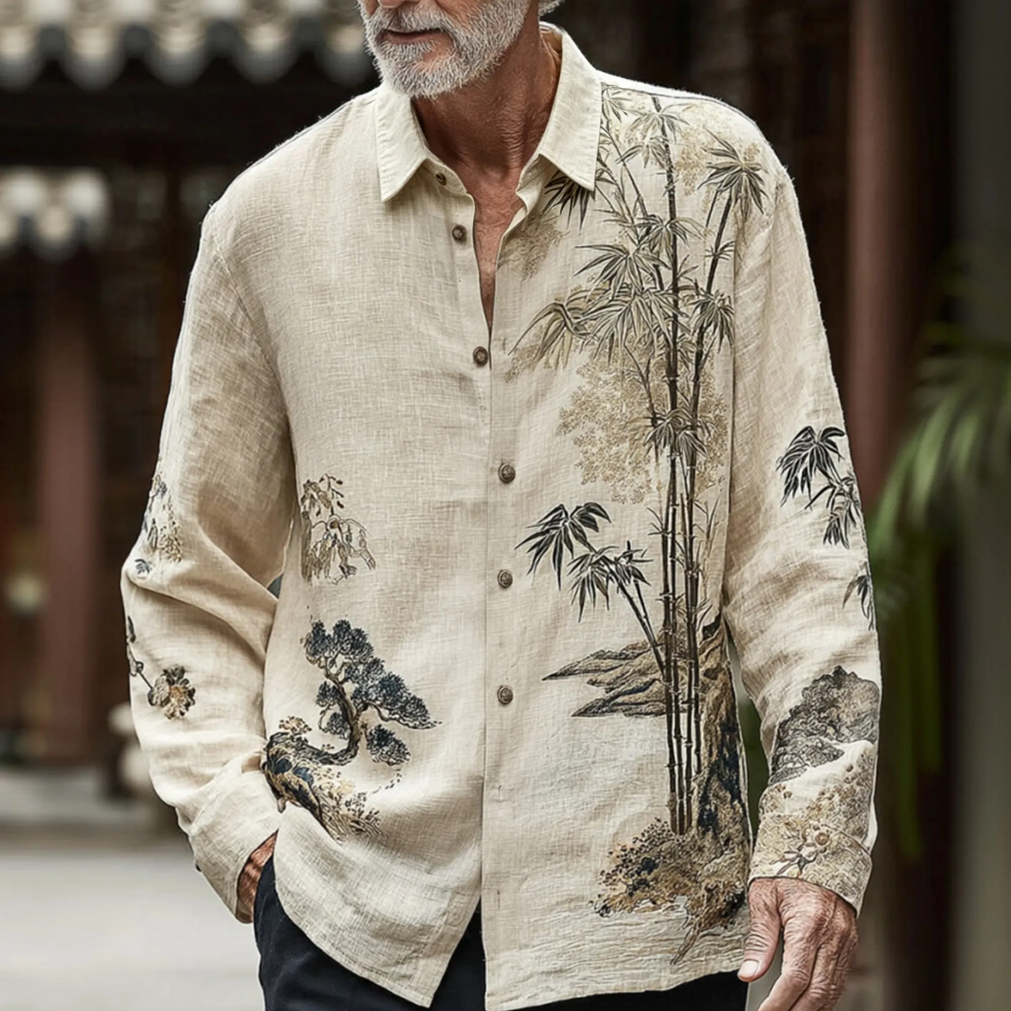 Men's Retro Japanese Bamboo Print Casual Linen Long-sleeved Shirt  artssus