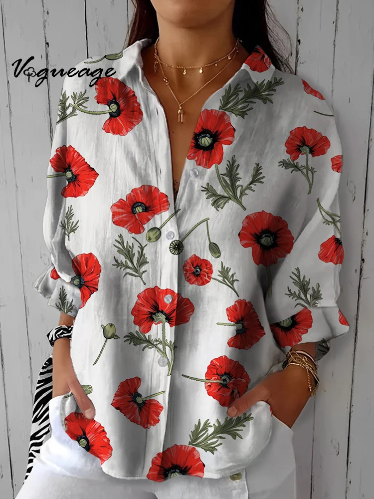 Gentle Simple And Versatile Flowers Printed Cotton And Linen Shirt