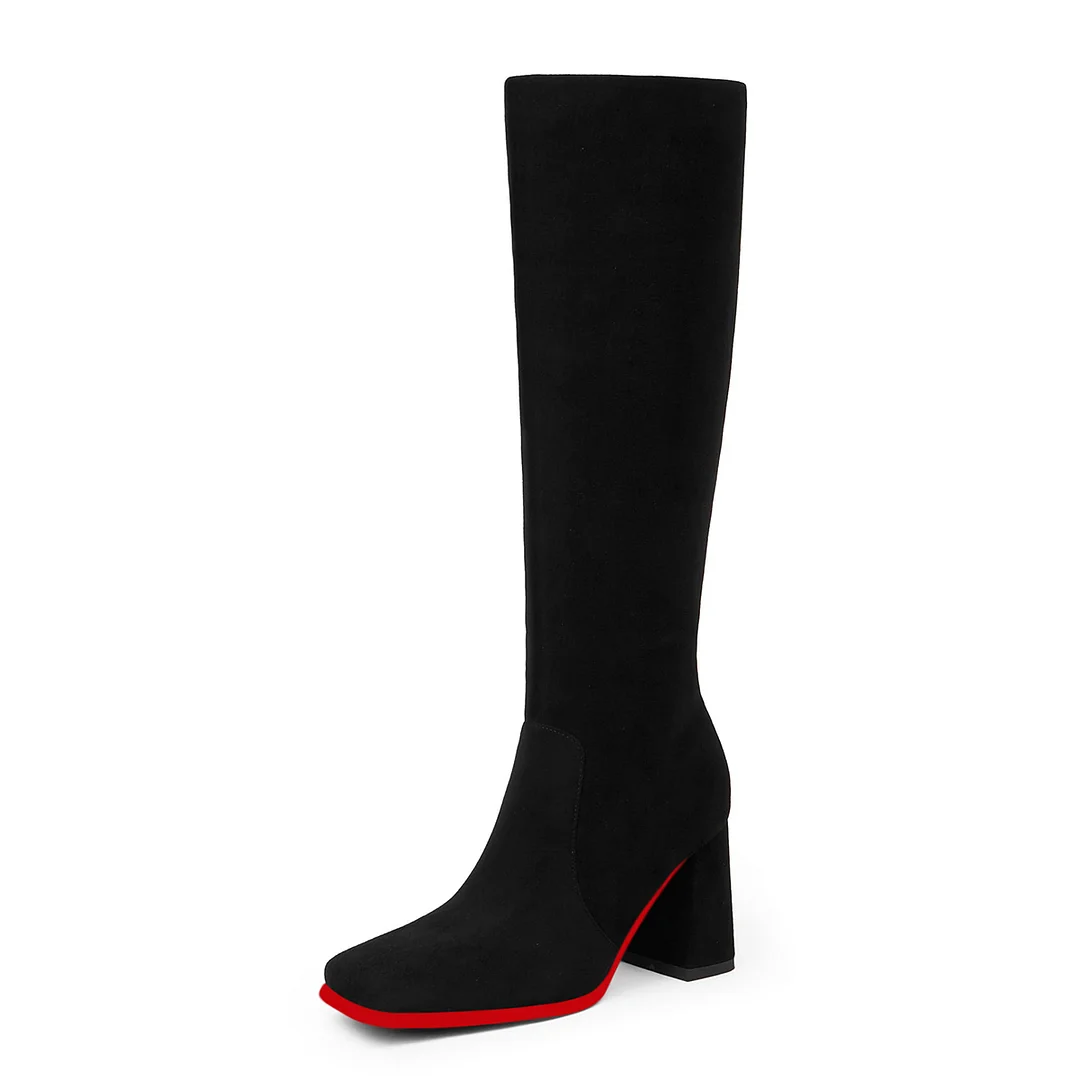 95mm Women's Knee Boots Red Bottom Block Chunky Heels Zipper Fashion Sexy Daily Matte Boot-MERUMOTE