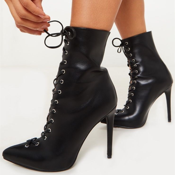 Black Vegan Leather Lace up Boots Pointy Toe Ankle Boots |FSJ Shoes
