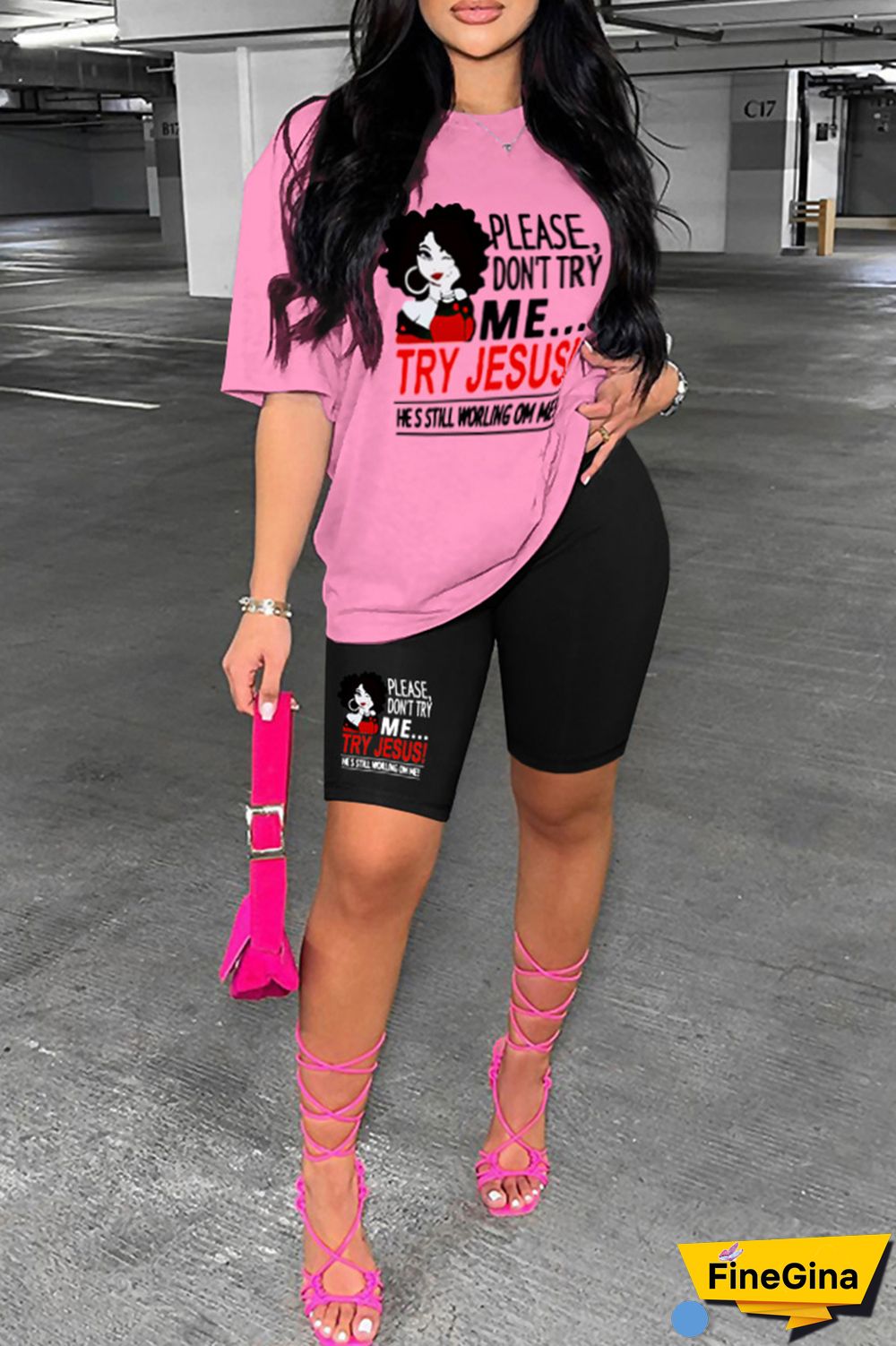 Pink Casual Print Basic O Neck Short Sleeve Two Pieces