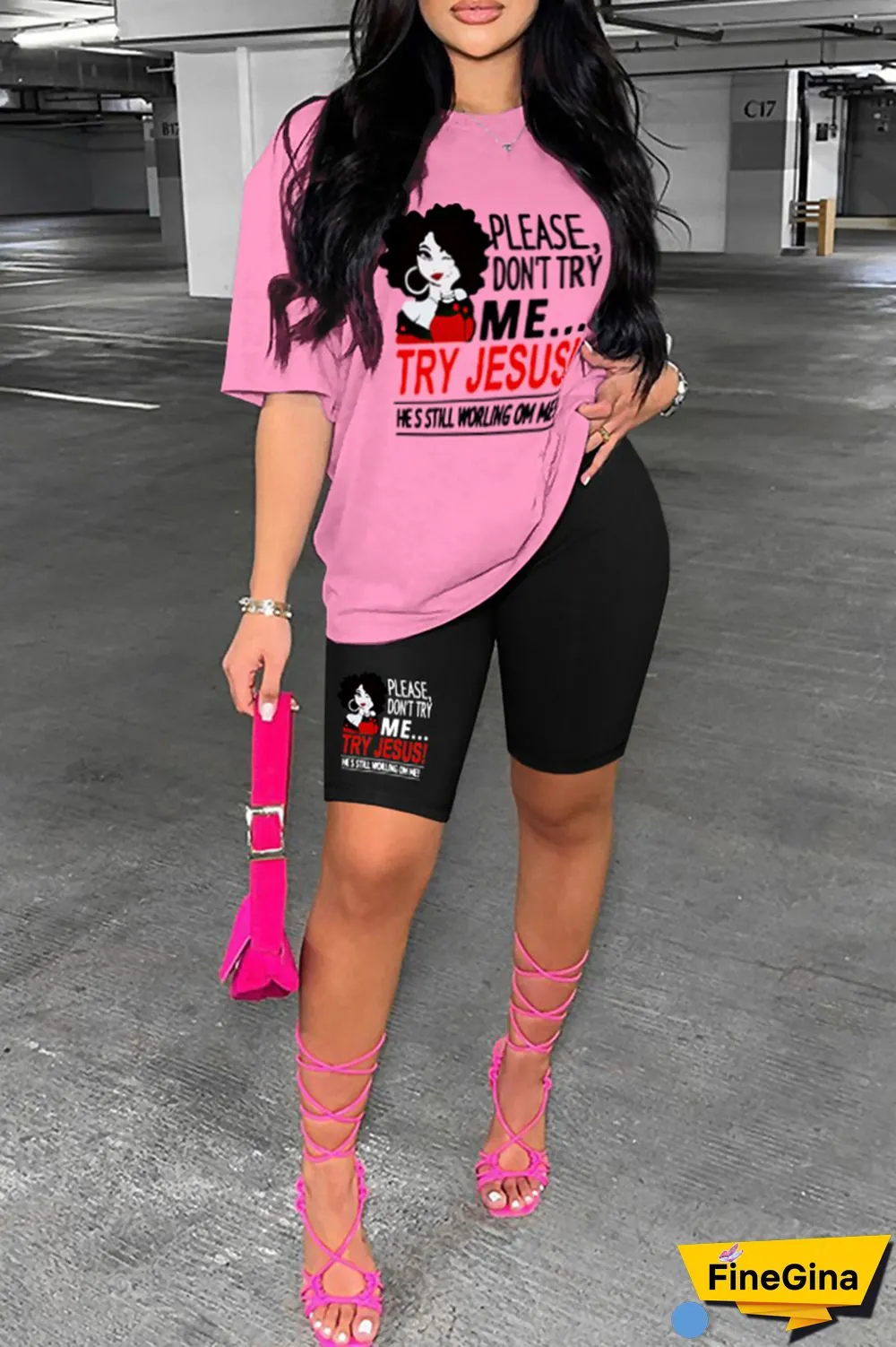 Pink Casual Print Basic O Neck Short Sleeve Two Pieces