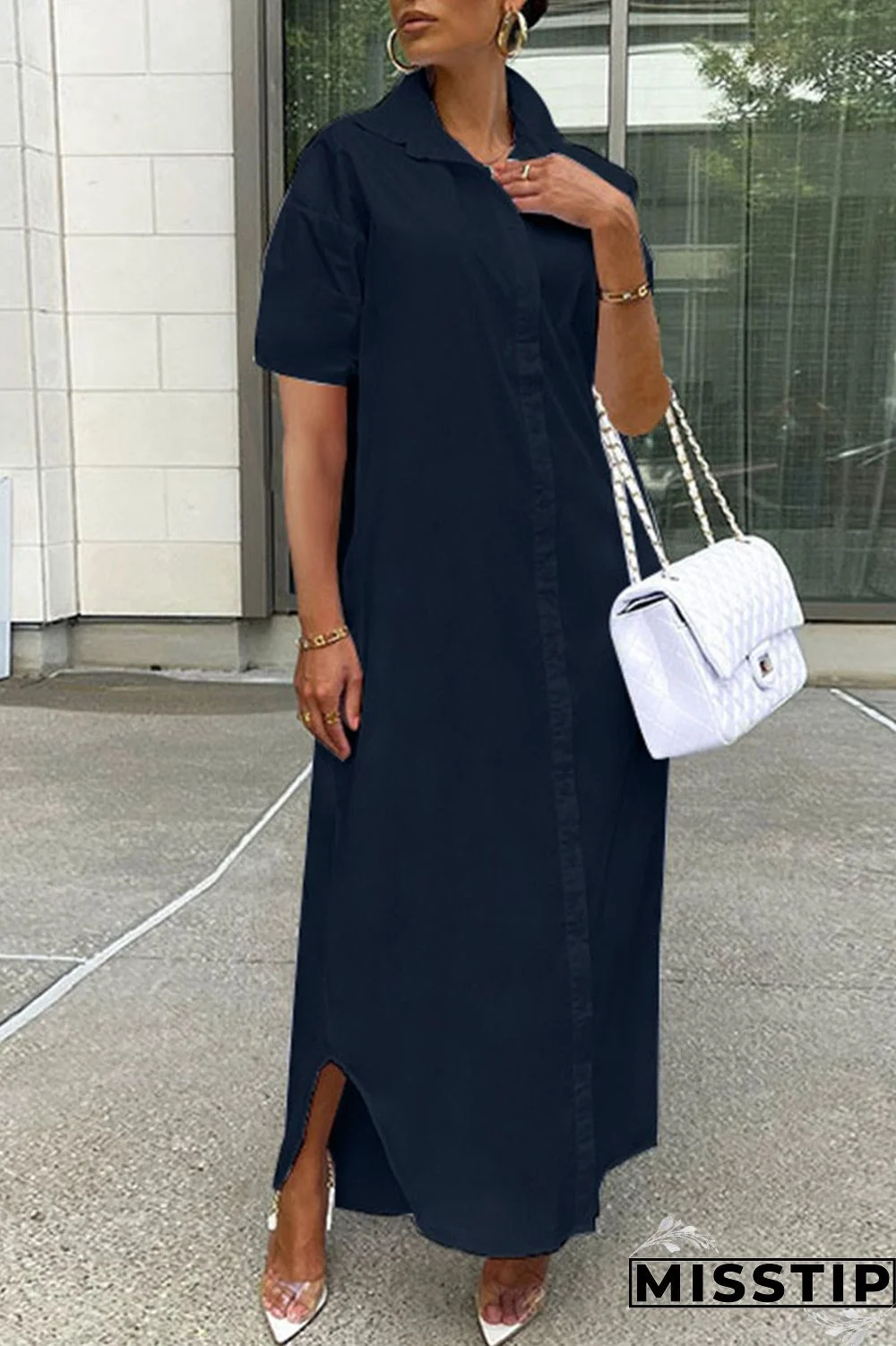 Rose Red Casual Solid Patchwork Buckle Turndown Collar Shirt Dress Dresses