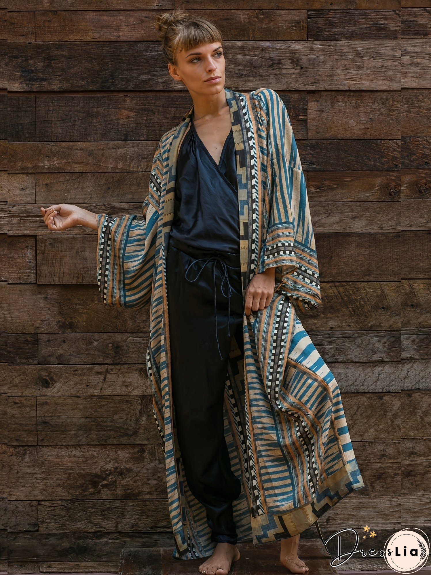 Geo Print Open Front Belted Kimono, Boho Long Sleeve Beachwear Cove Up, Women's Clothing