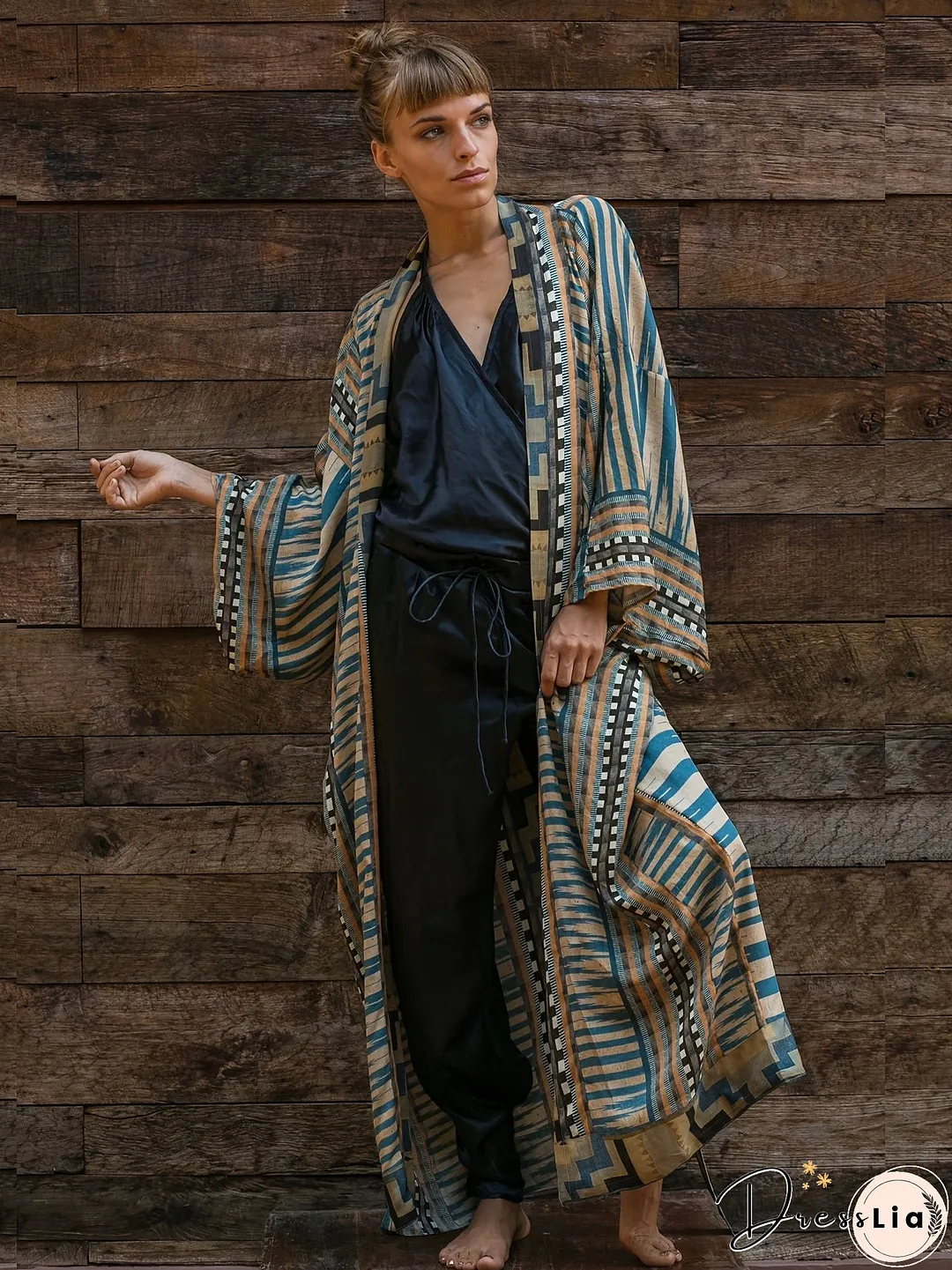Geo Print Open Front Belted Kimono, Boho Long Sleeve Beachwear Cove Up, Women's Clothing