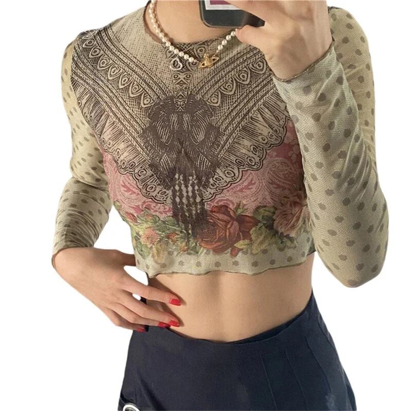 Xingqing Vintage Fashion Print Y2K Female T-shirt Autumn Crop Top Tee Aesthetic Long Sleeve T shirt Grunge Fairycore Pullovers