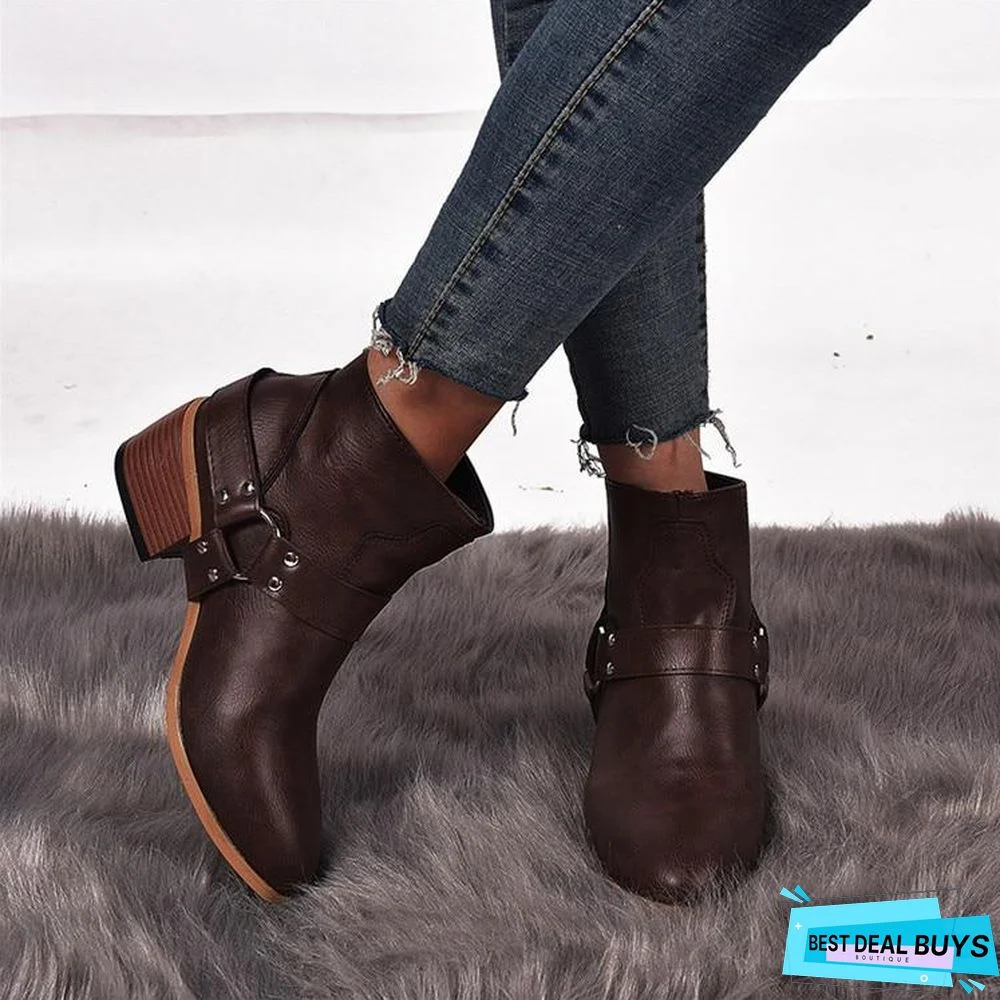 Women Boots Vintage Leather High Heels Shoes Bota Woman Autumn Short Boot Winter Buckle Daily Ankle Boots