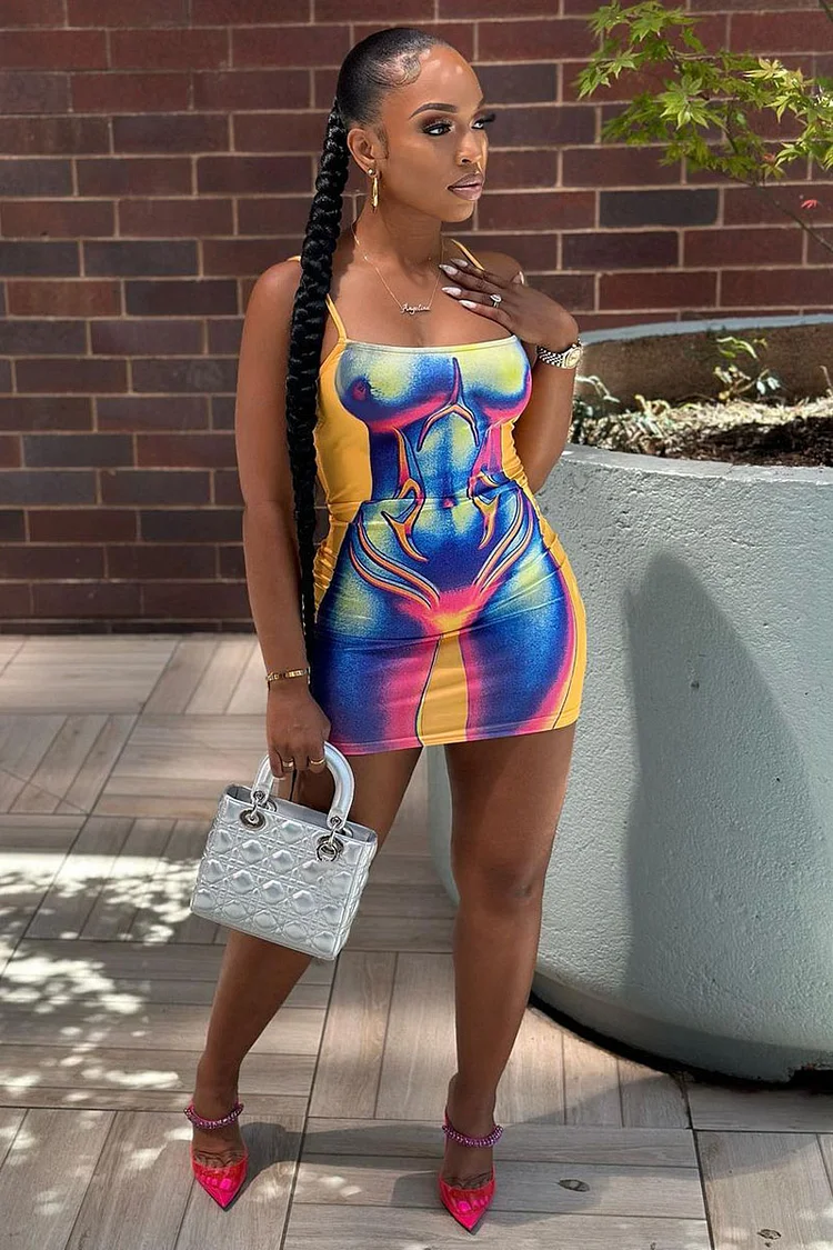 Body Print Boat Neck Bodycon Cami Mini Dresses