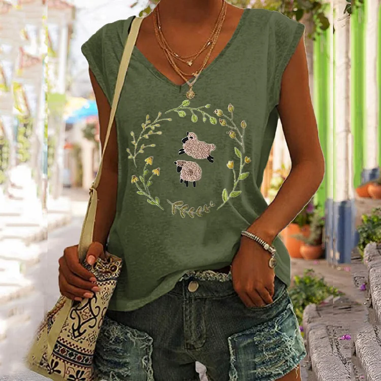 VChics Embroidered Art Sheep Print V-Neck Casual Tank Top