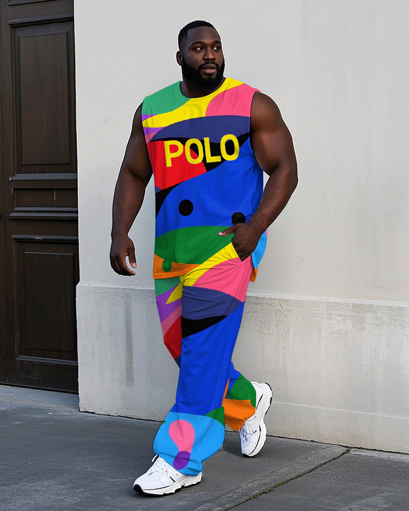 Big Men's Abstract Irregular Overlap Colorful Block POLO Letter Printed Sporty Vest and Pants Set