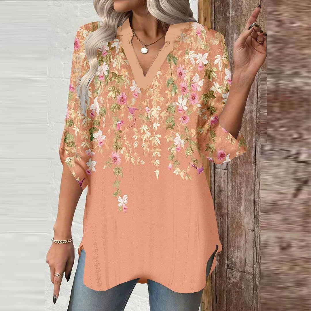 Women Floral,Orange,Pink DZGA0618 3/4 Sleeve V-neck Printed Graphic Button Tops