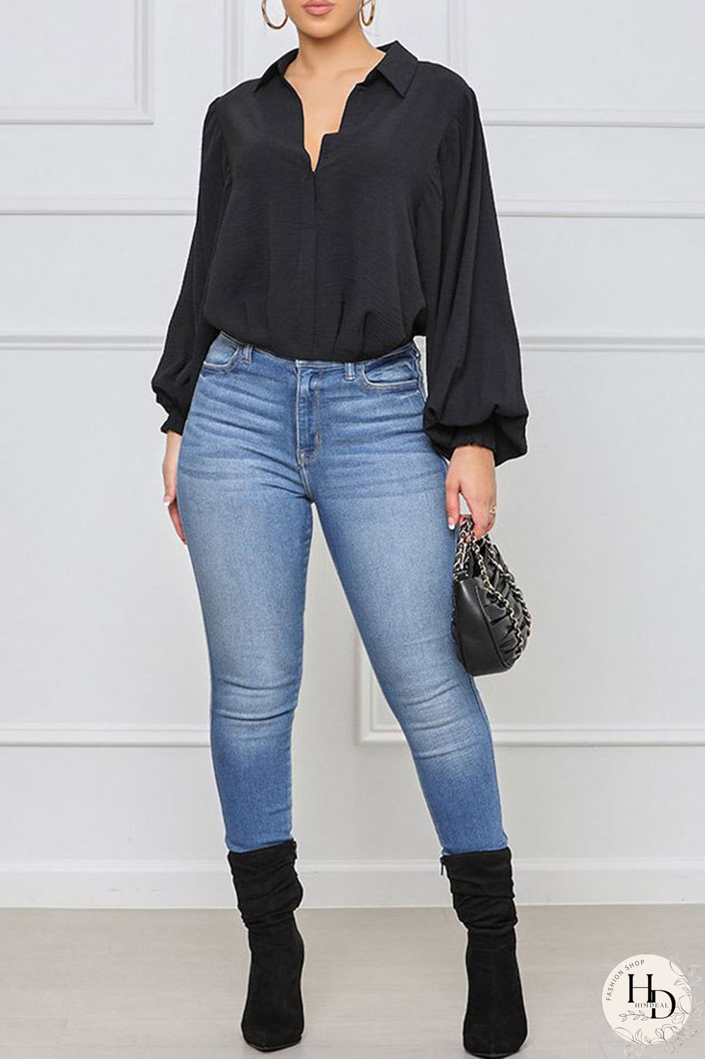 Black Casual Solid Split Joint Buckle Turndown Collar Tops