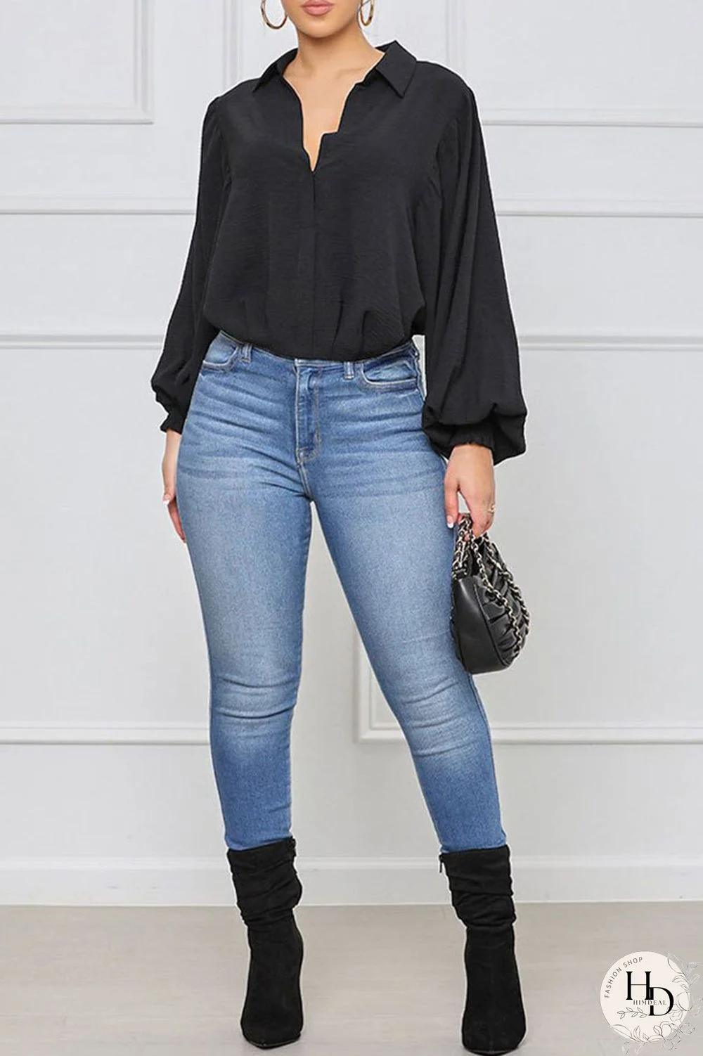 Black Casual Solid Split Joint Buckle Turndown Collar Tops