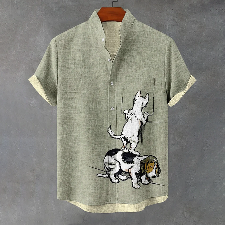 Men'S Funny Puppy Meet Something Graphics Art Linen Blend Shirt
