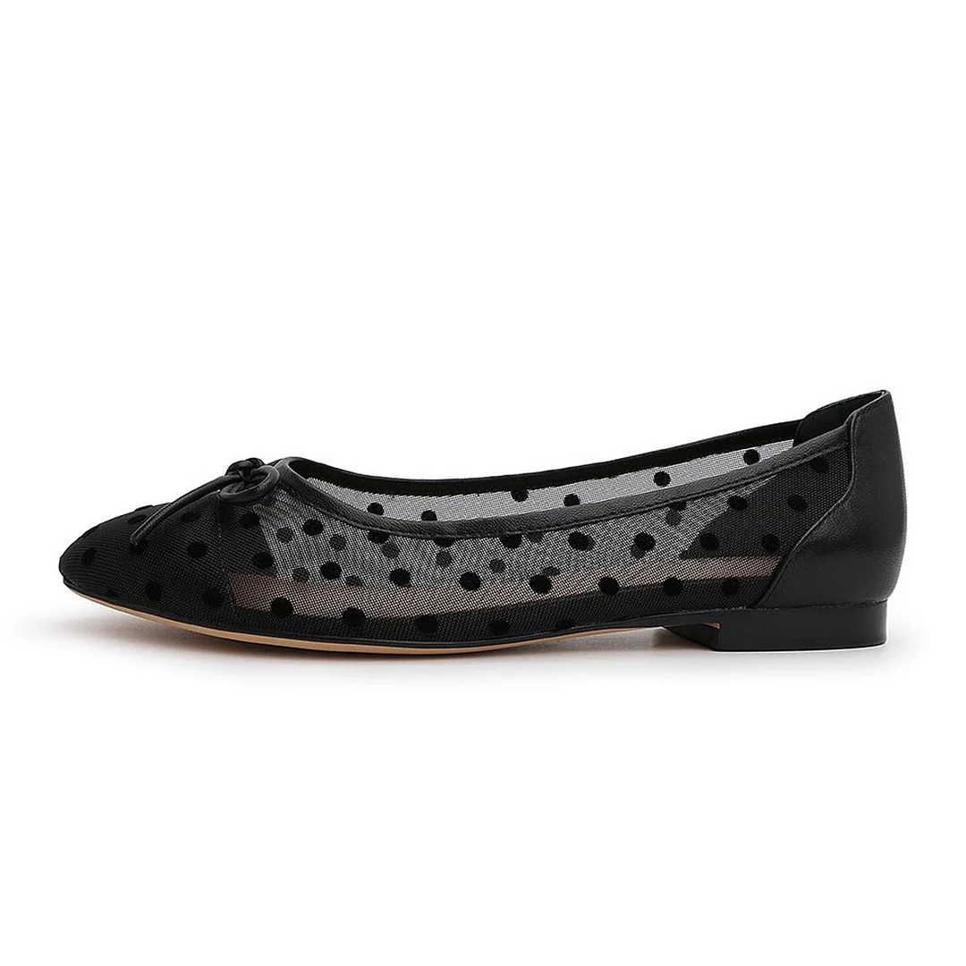 Fashion Black Round Toe Polka Dot Slip On Ballet Flats with Bow
