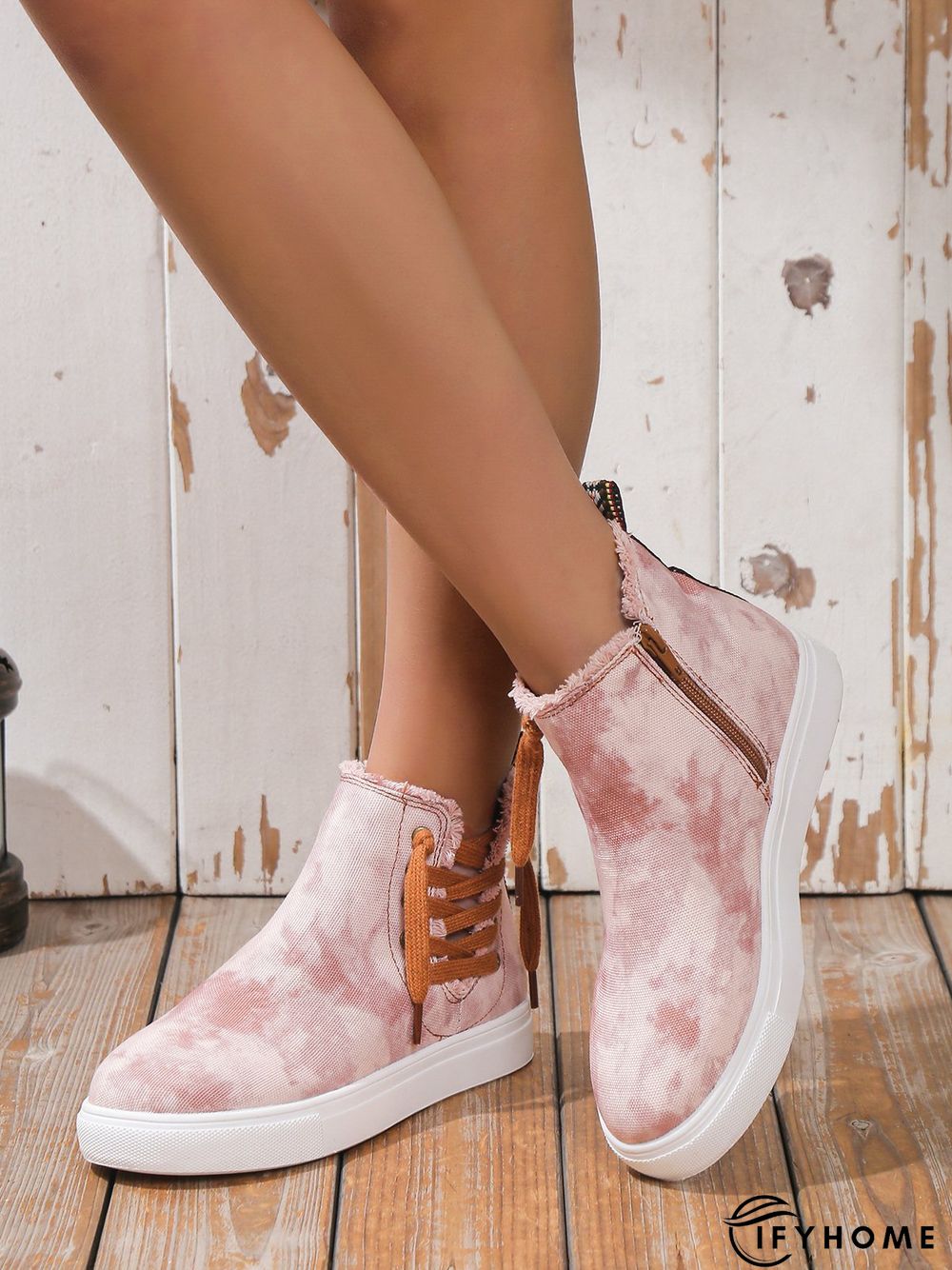 Casual Lace-up Decor Fringe High Top Canvas Shoes with Side Zip | IFYHOME