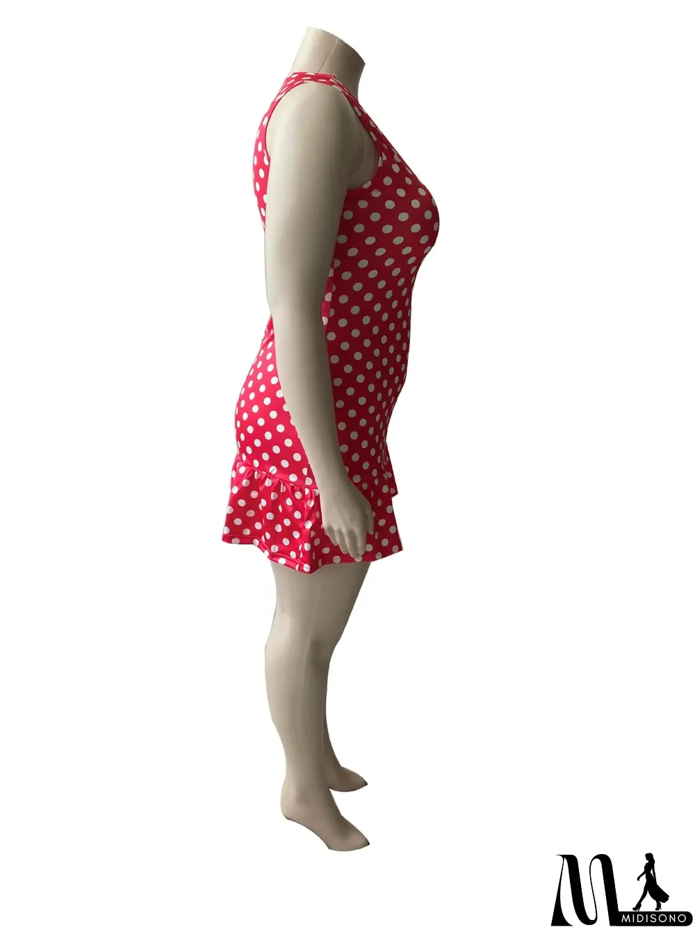 MidiSono - Plus Size Polka Dot Print Sleeveless Mini Dress (Without Belt)