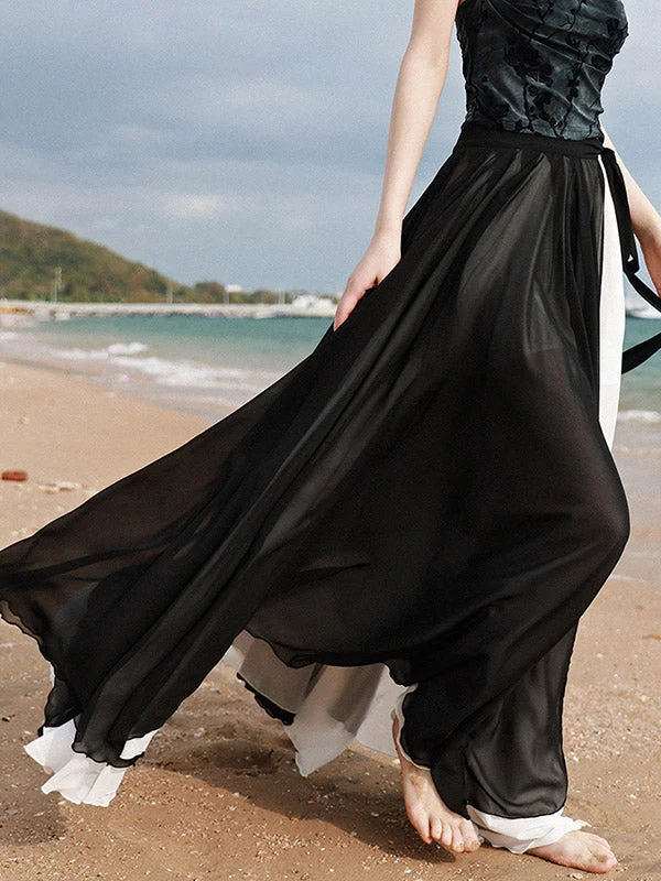 Stylish Black&White Contrast Color A-Line Skirts Bottoms