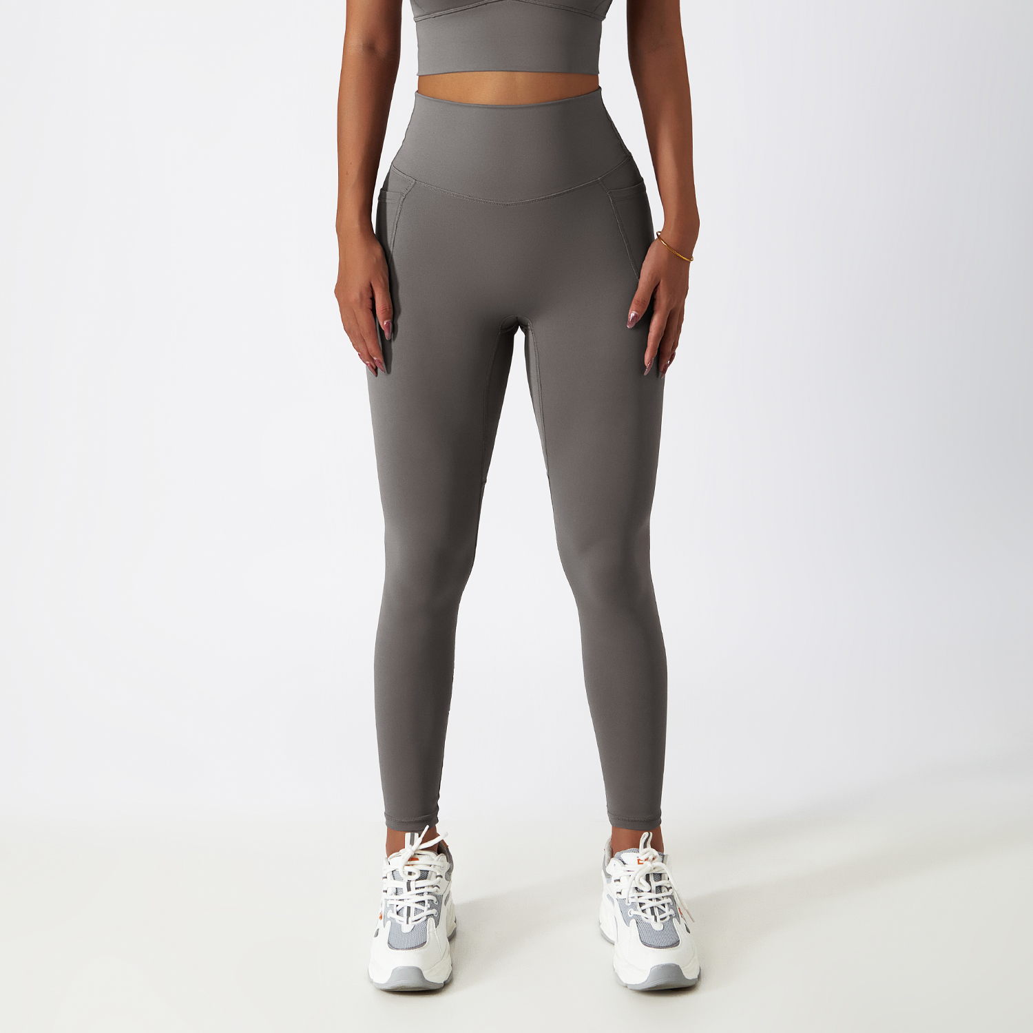 Shop Gray ice silk buttery soft no t line butt lifting fitness leggings with pockets online on Hergymclothing