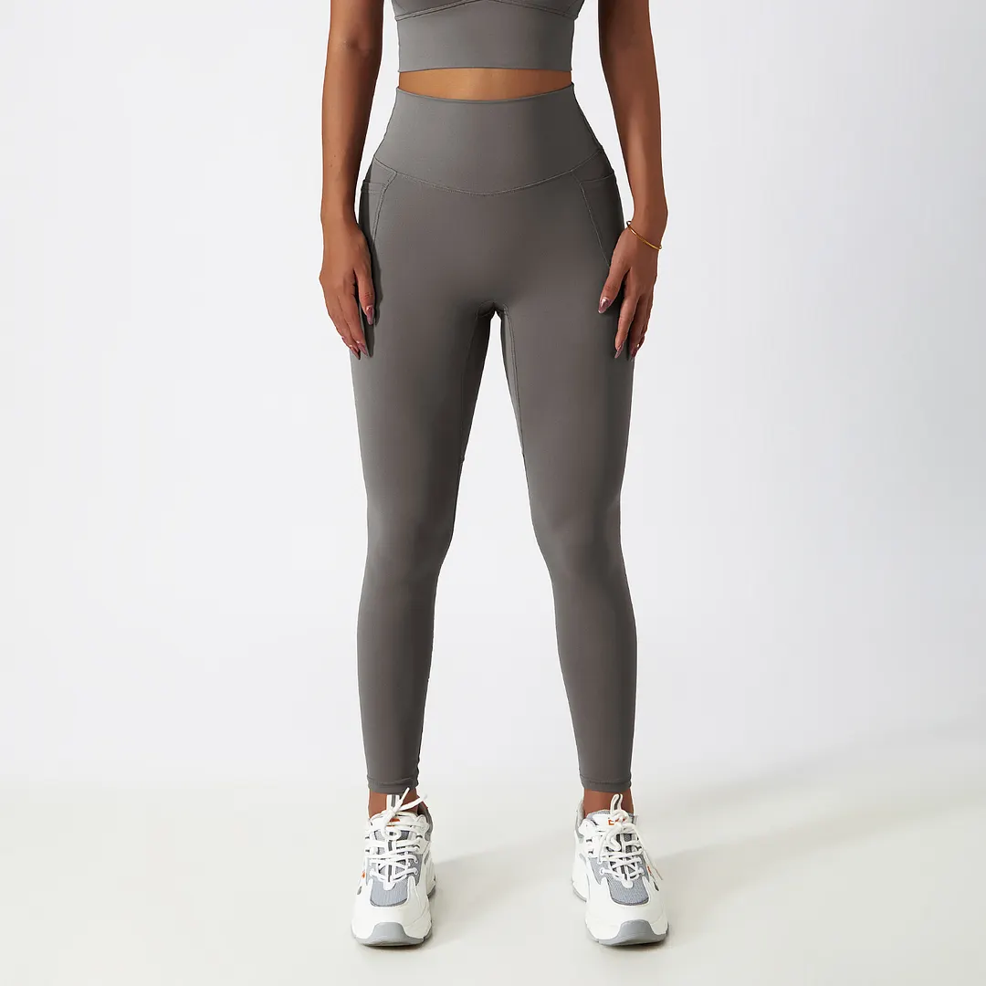 Shop Gray ice silk buttery soft no t line butt lifting fitness leggings with pockets online on Hergymclothing