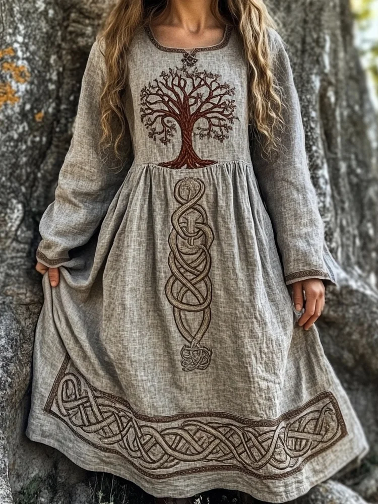 Vintage Viking Celtic Tree Of Life Embroidered Comfy Linen Dress