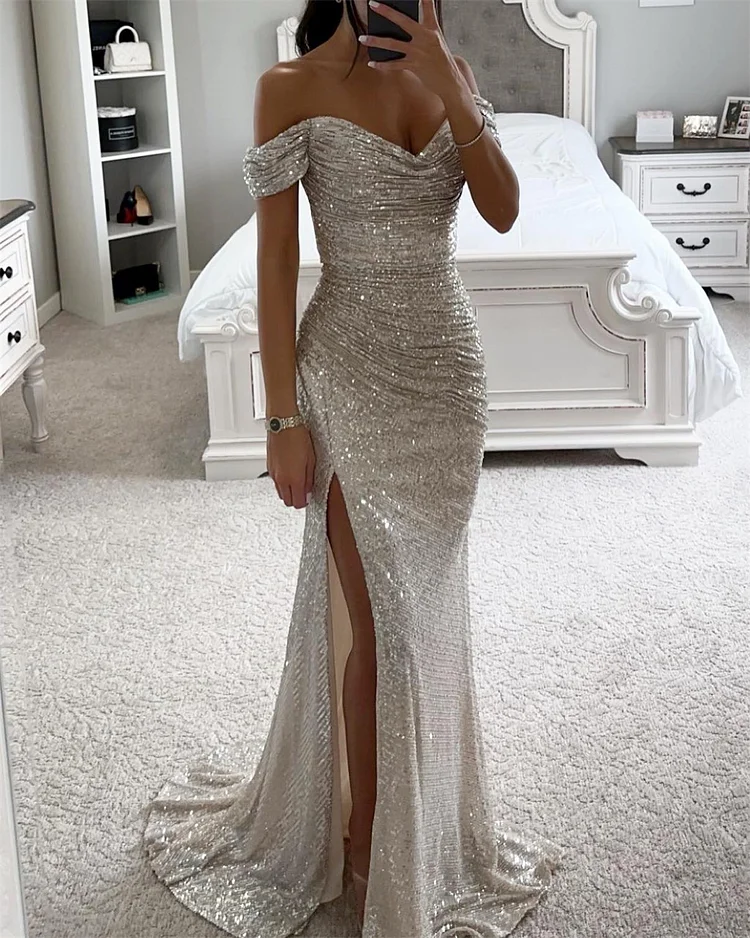 Sexy Solid Color Sequin Slit Evening Dress - 01