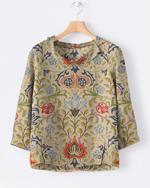 Vintage Ethnic Floral Print Casual Lapel Top