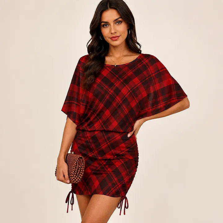 SFneewho® Red Black Christmas Buffalo Plaid Party Holiday Checkered Ruched Side Bodycon Dress Women Batwing Sleeve Night Out Mini Dress