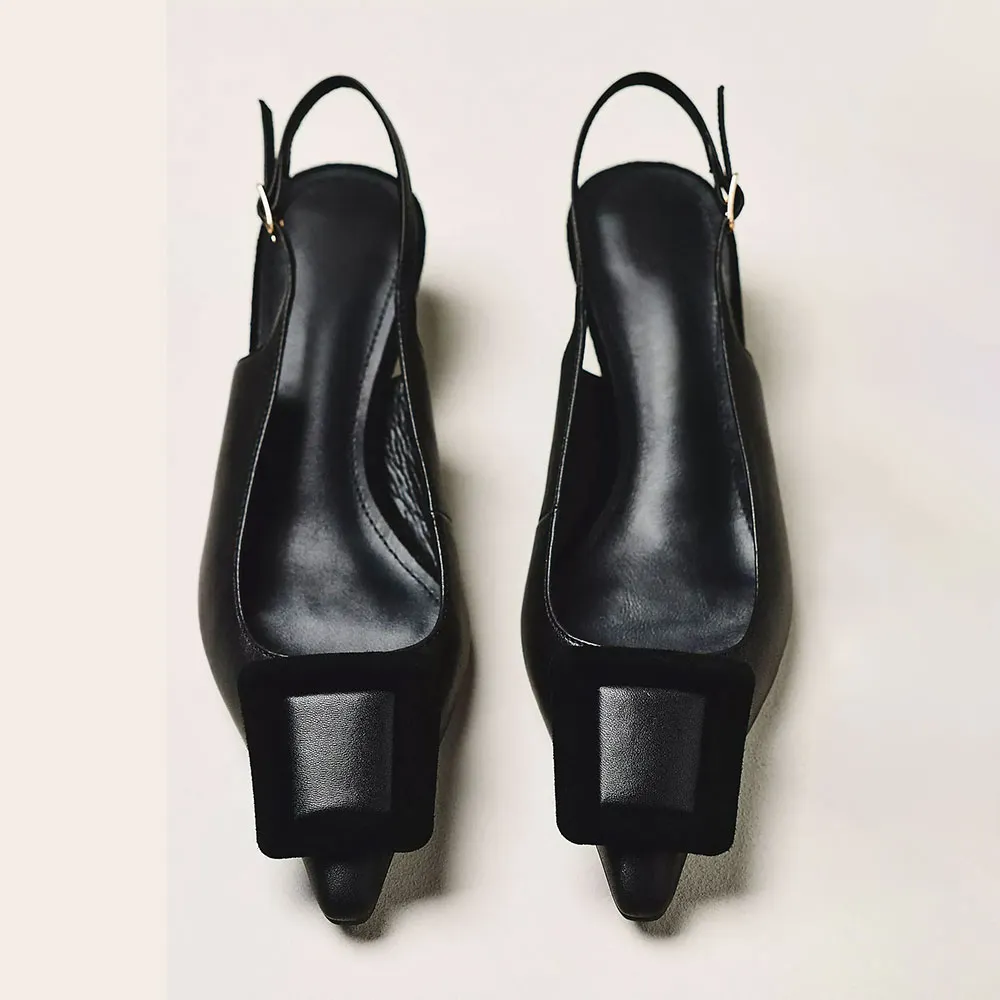 Black Faux Leather Pointed Toe Kitten Heel Buckle Slingback Pumps