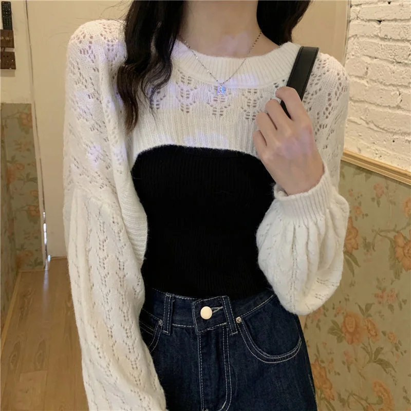 Women Shrugs Solid White Black Hollow Out Knitted Pullover Students All-match Fashion Long Sleeve Loose Crop Tops Korean Style