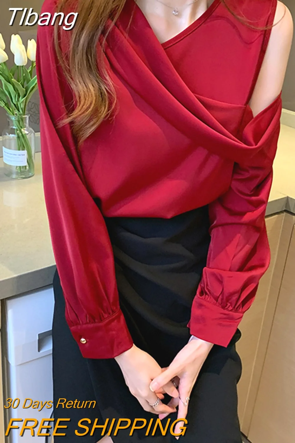 Tlbang Slim Women Off-Shoulder Long Sleeve Chiffon Blouse Autumn 2023 Elegant Satin shirt Solid OL Tops Chemisier Femme 11202