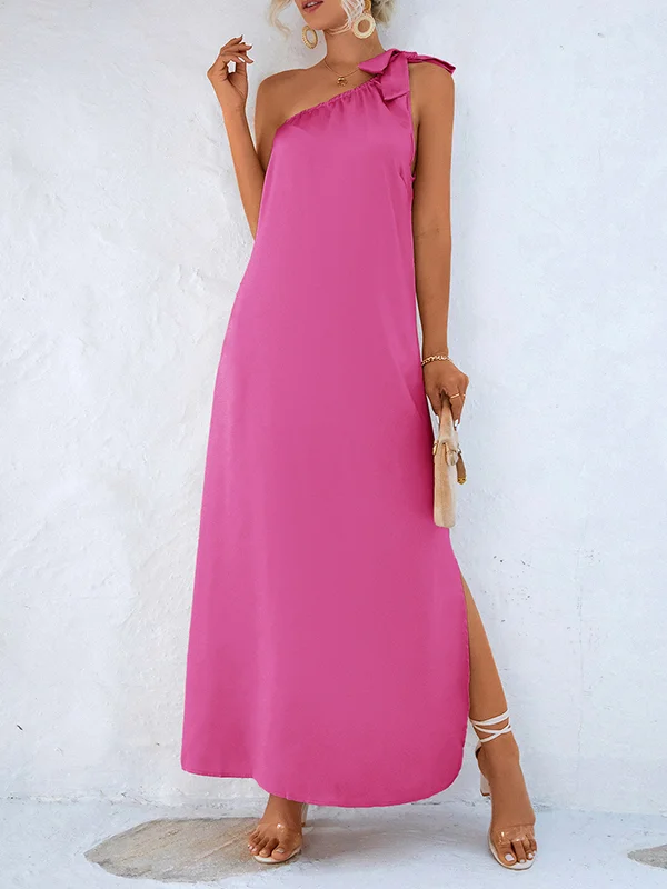 Loose Sleeveless Solid Color One-Shoulder Maxi Dresses