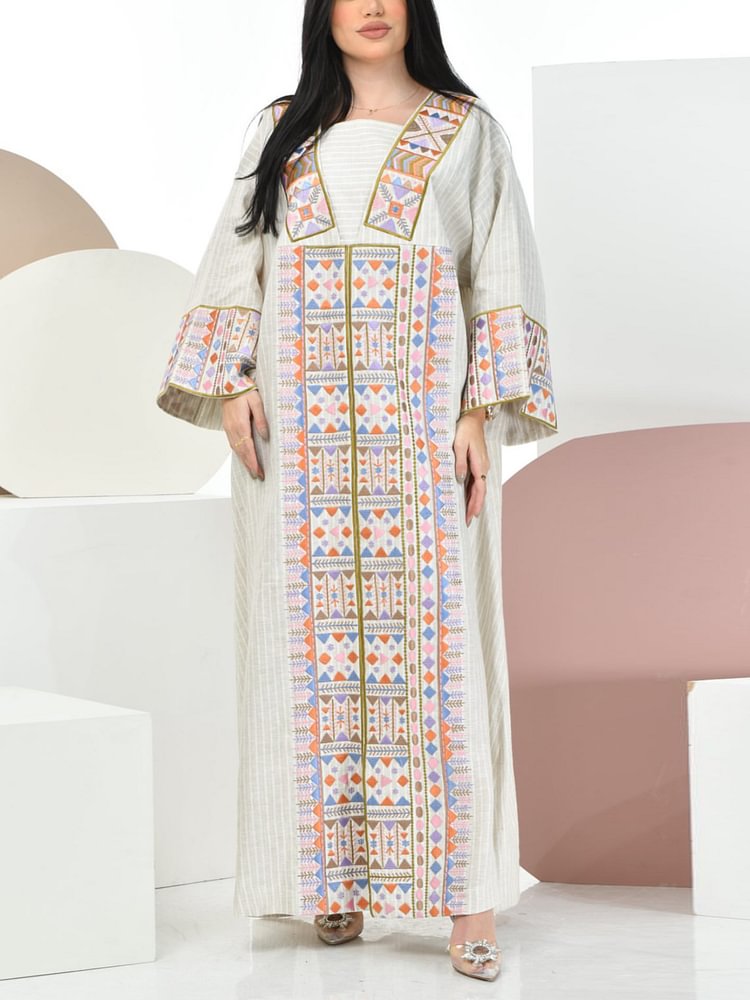 Colored pattern linene loose dress