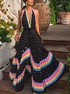 Polka-Dot Split-Joint Printed Halterneck Backless Bohemia Pleated Maxi Dress 