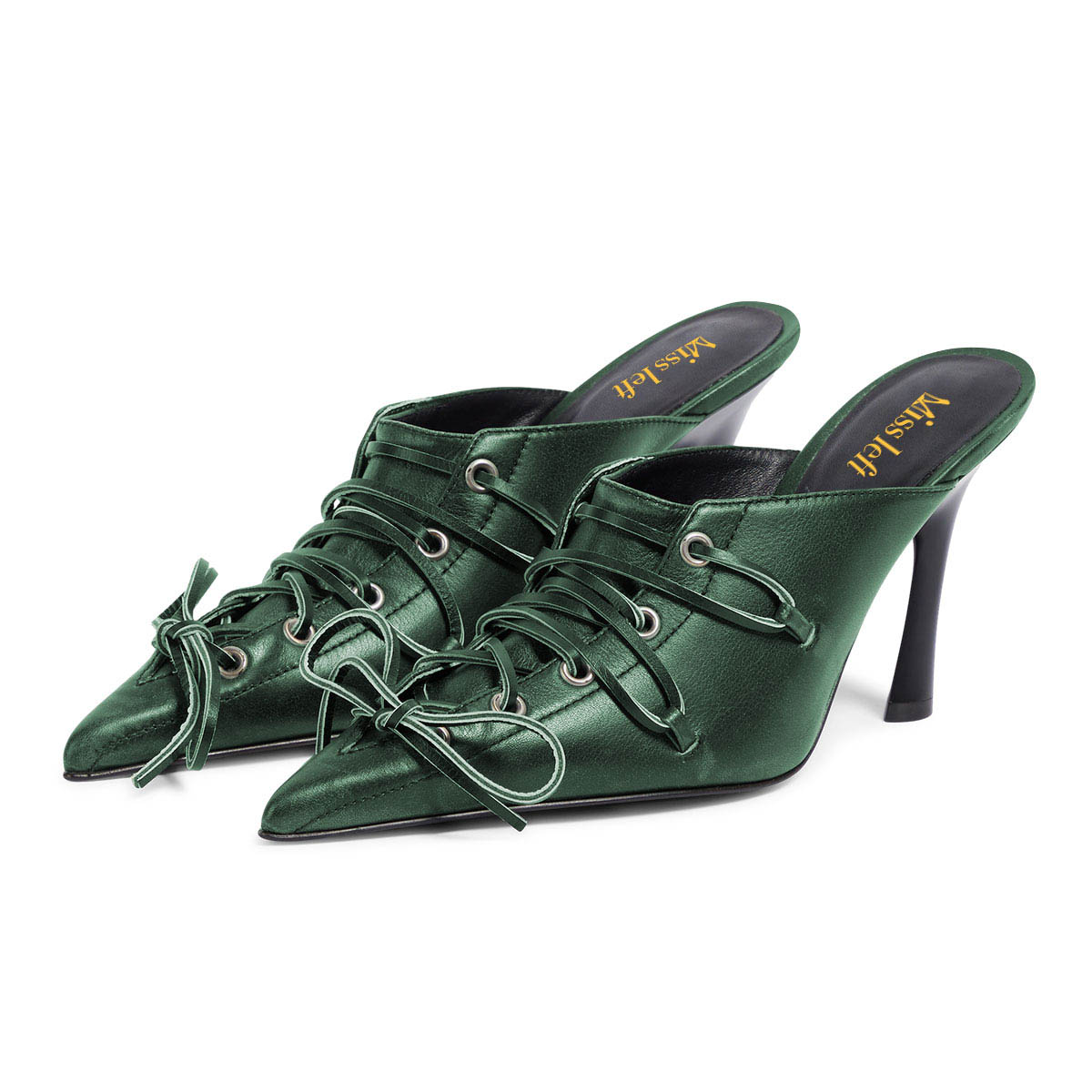 Lace-Up Pointed Toe Stiletto Heel Mule Shoes for Women in Green Nicepairs