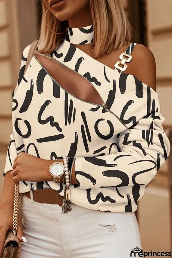 Flawless Printed Zipper Cold Shoulder Loose Top