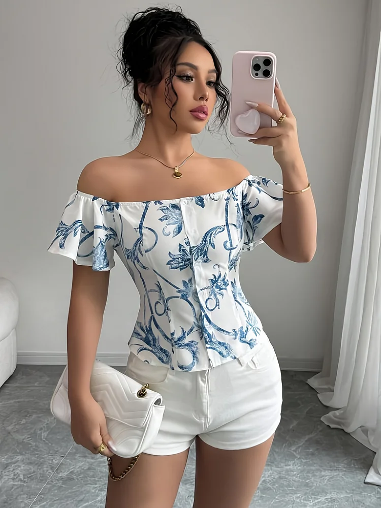 Women's Floral Print Off-The-Shoulder Button-Up Shirt Top - Lightweight Summer Blouse With Single-Button Closure, Machine Washable For Vacation, Commute, Music Festivals & Casual Outings, Floral Print Blouse, Casual Attire, Elegant Style