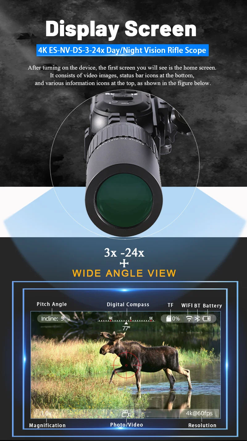 4K Digital Night Vision Scope HD Sony Sensor 4 Cores 3-24X Tactical Sight Hunting Smart Night Vision Weapon Riflescope