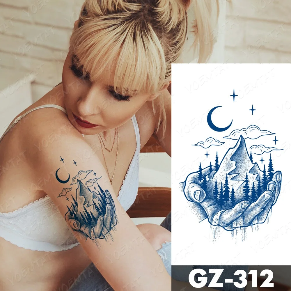 Juice Lasting Ink Tattoos Body Art Waterproof Temporary Tattoo Sticker Mountain Forest Tatoo Arm Fake Sky Whale Sea Tatto Women