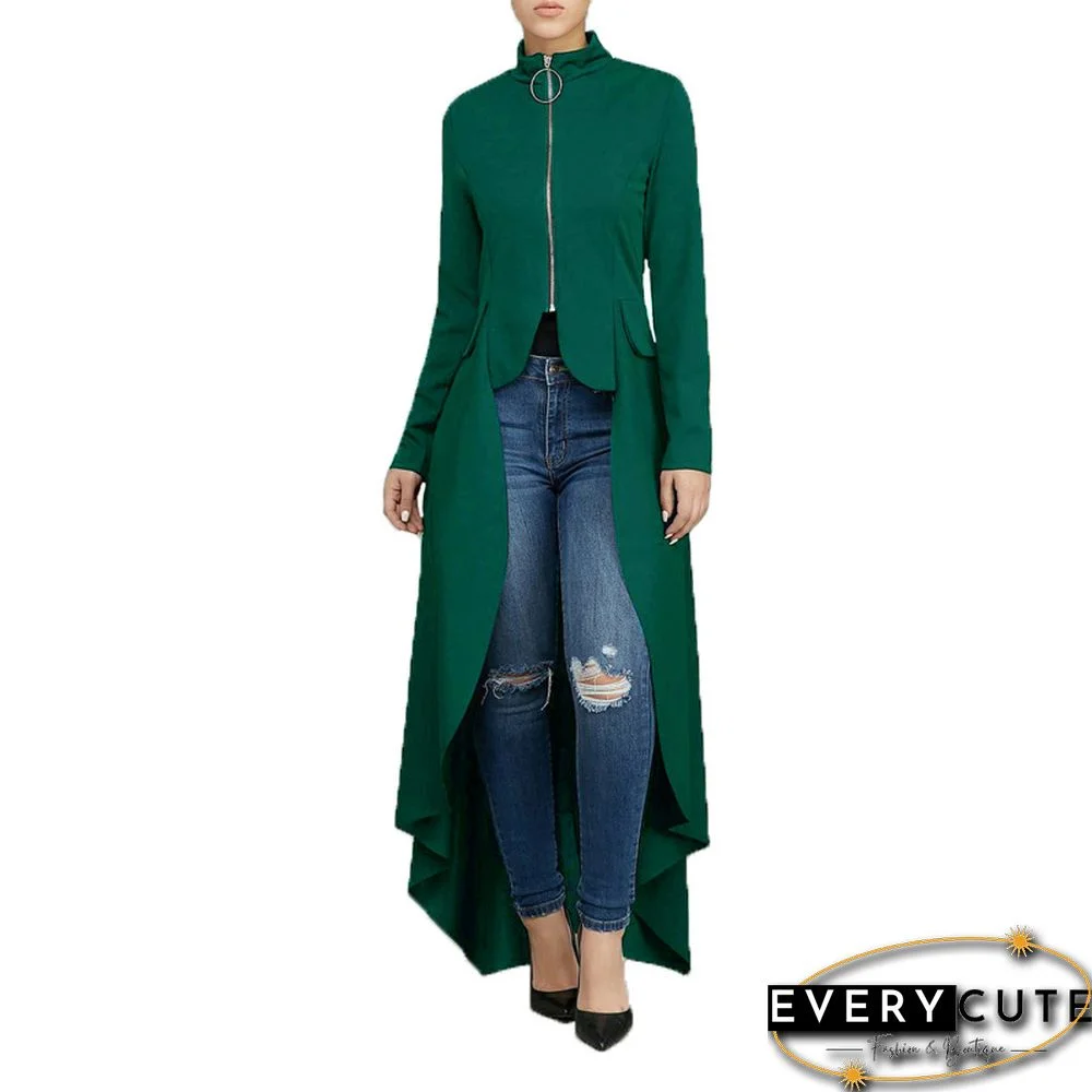 Green Long Sleeve Front Zipper Casual Dress