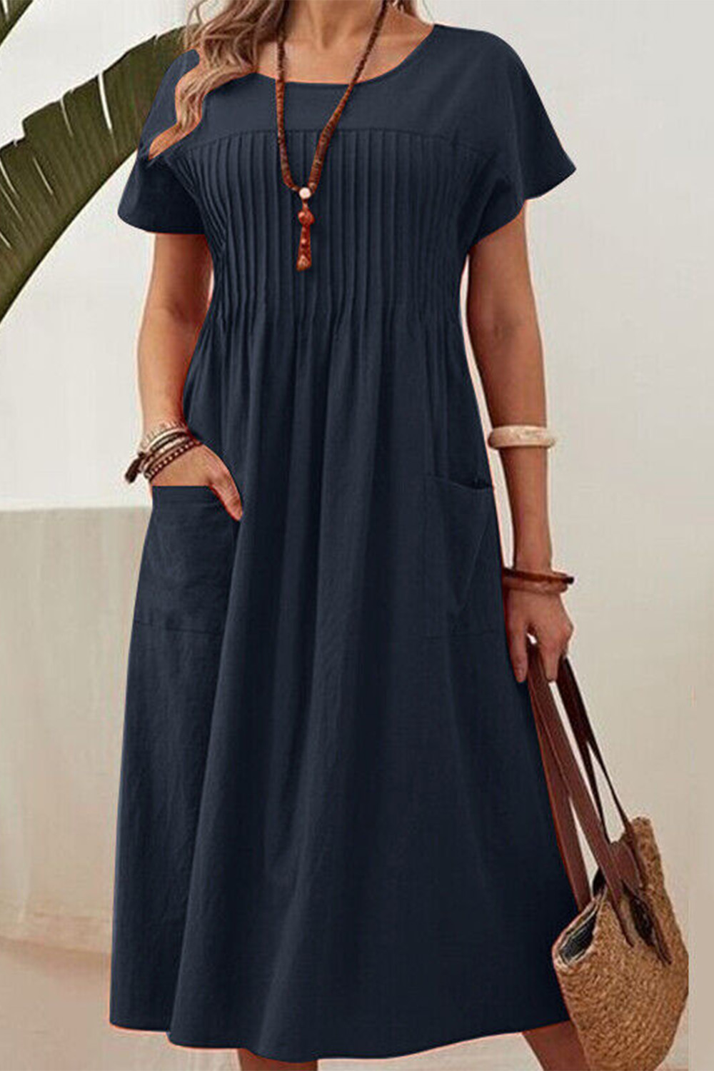 Plus Size Everyday Army Green Cotton And Linen Pleated Chest Pocket Midi Dress 2024 - Flycurvy 