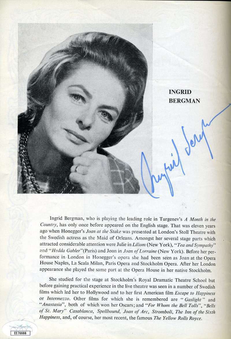 Ingrid Bergman Jsa Coa Hand Signed Playbill Cover Photo Poster painting Authentic Autograph