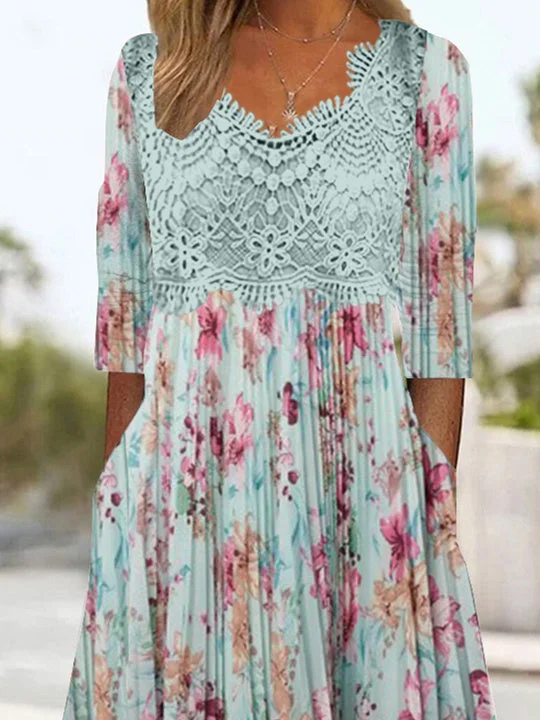 Women's Long Sleeve V-neck Graphic Floral Printed Lace Midi Dress