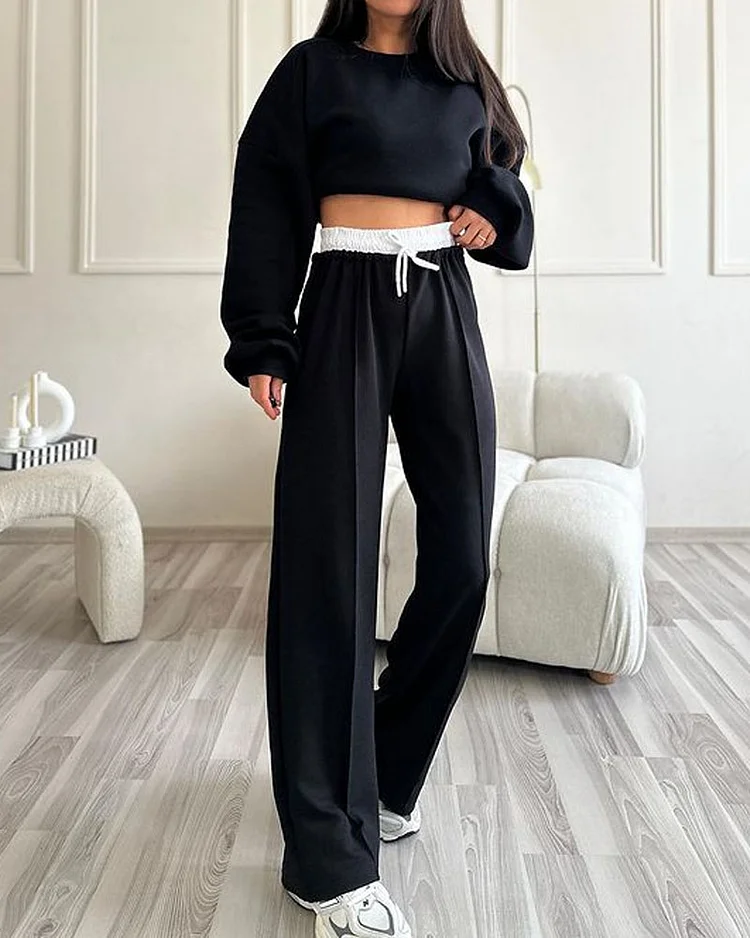 Casual Crew Neck Sweatshirt & Pants Two-piece Set