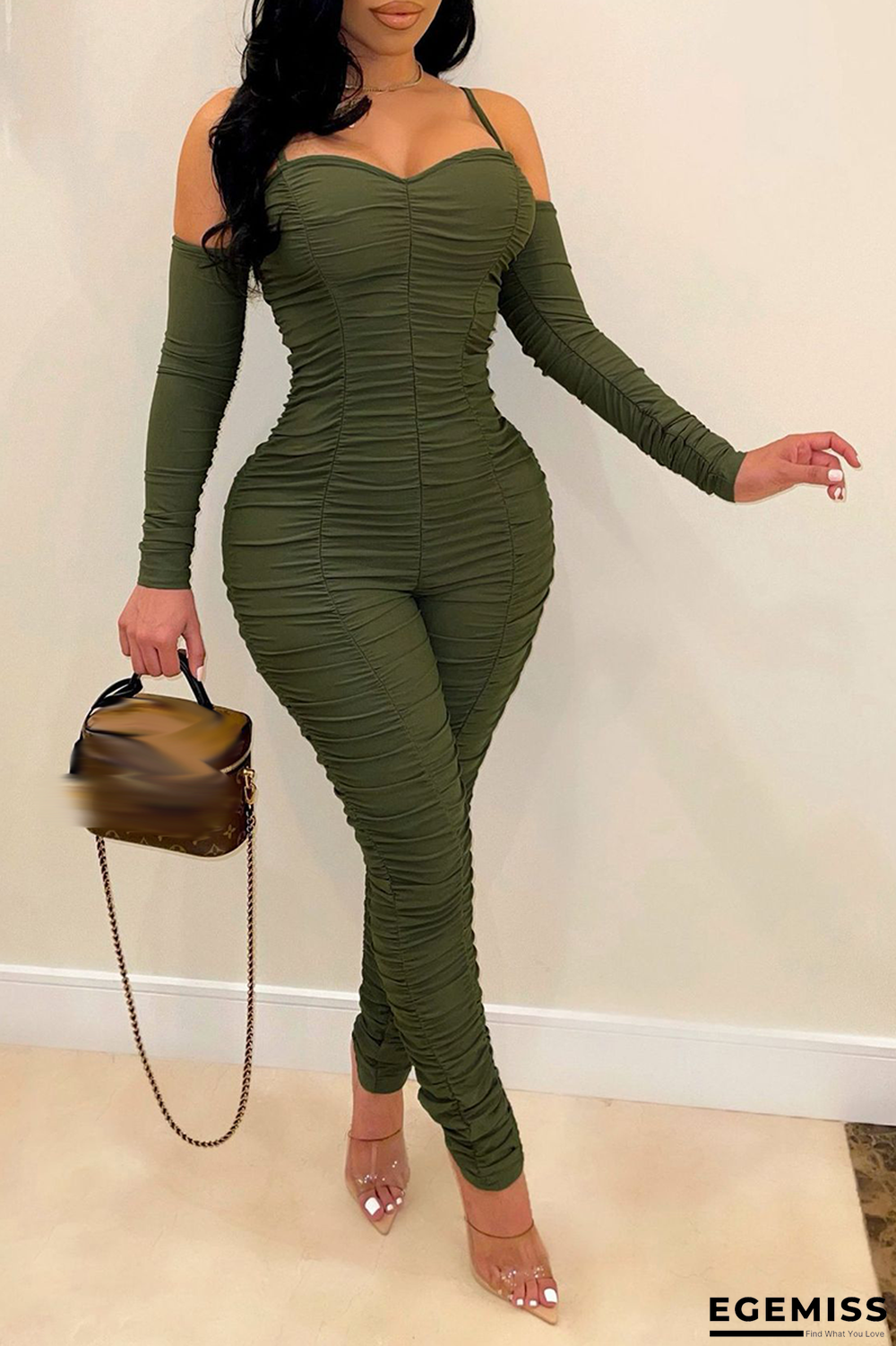 Olive Green Sexy Solid Fold Spaghetti Strap Skinny Jumpsuits | EGEMISS