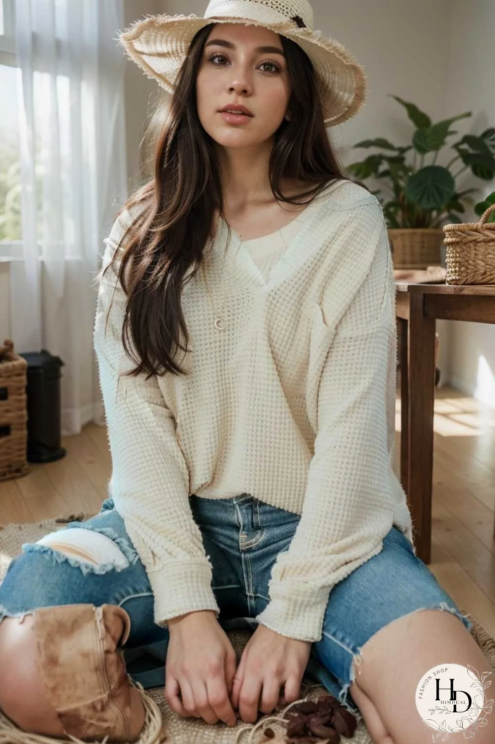 deep v neck long sleeve knitted sweater