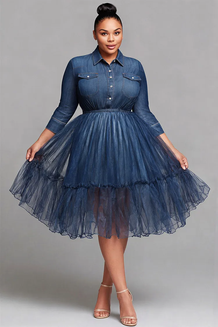 Xpluswear Design Plus Size Daily Tulle Blue Shirt Collar 3/4 Sleeve Ruffle Contrast Tencel Denim Mini Dresses [Pre-Order] 2024 - Xpluswear