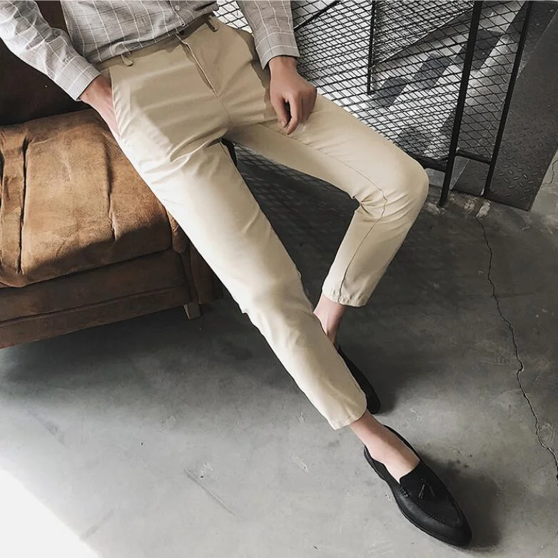 Woherb Solid Casual Pants Men Slim Fit Ankle-Length Trousers Male 2020 New Spring Summer White Khaki Black Stretch Fashion Suit Pants
