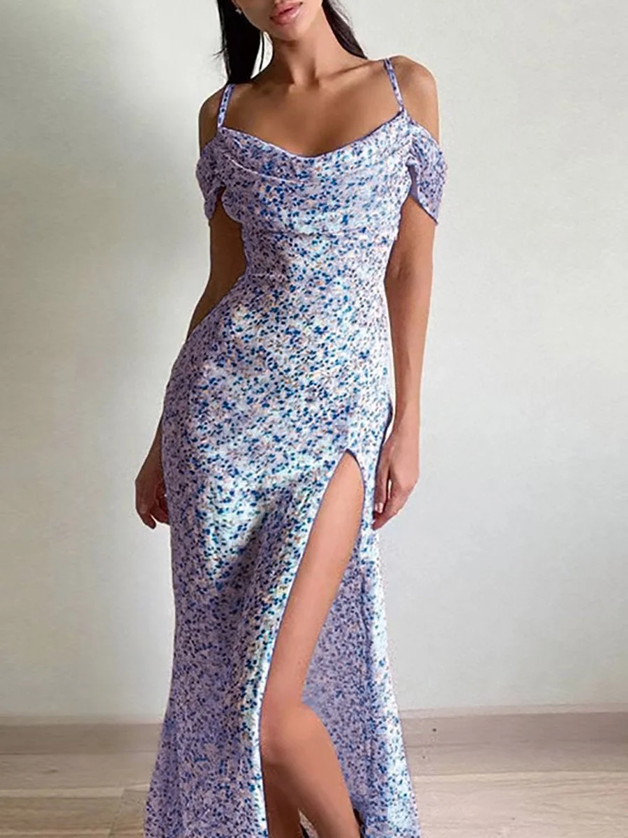 High slit floral suspender dress