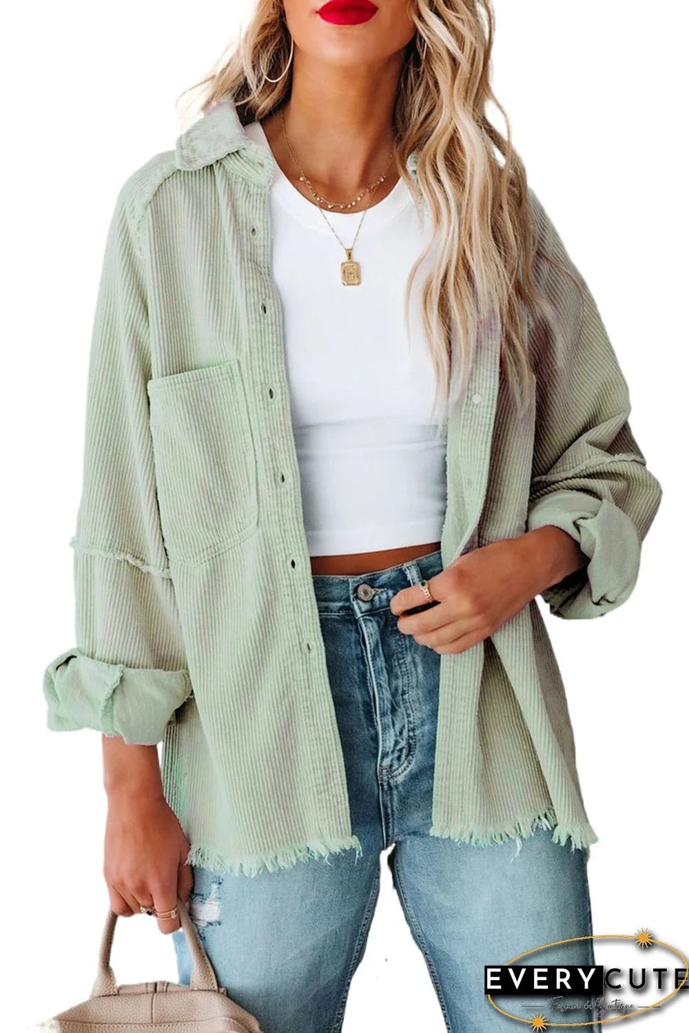 Green Frayed Boyfriend Corduroy Shacket